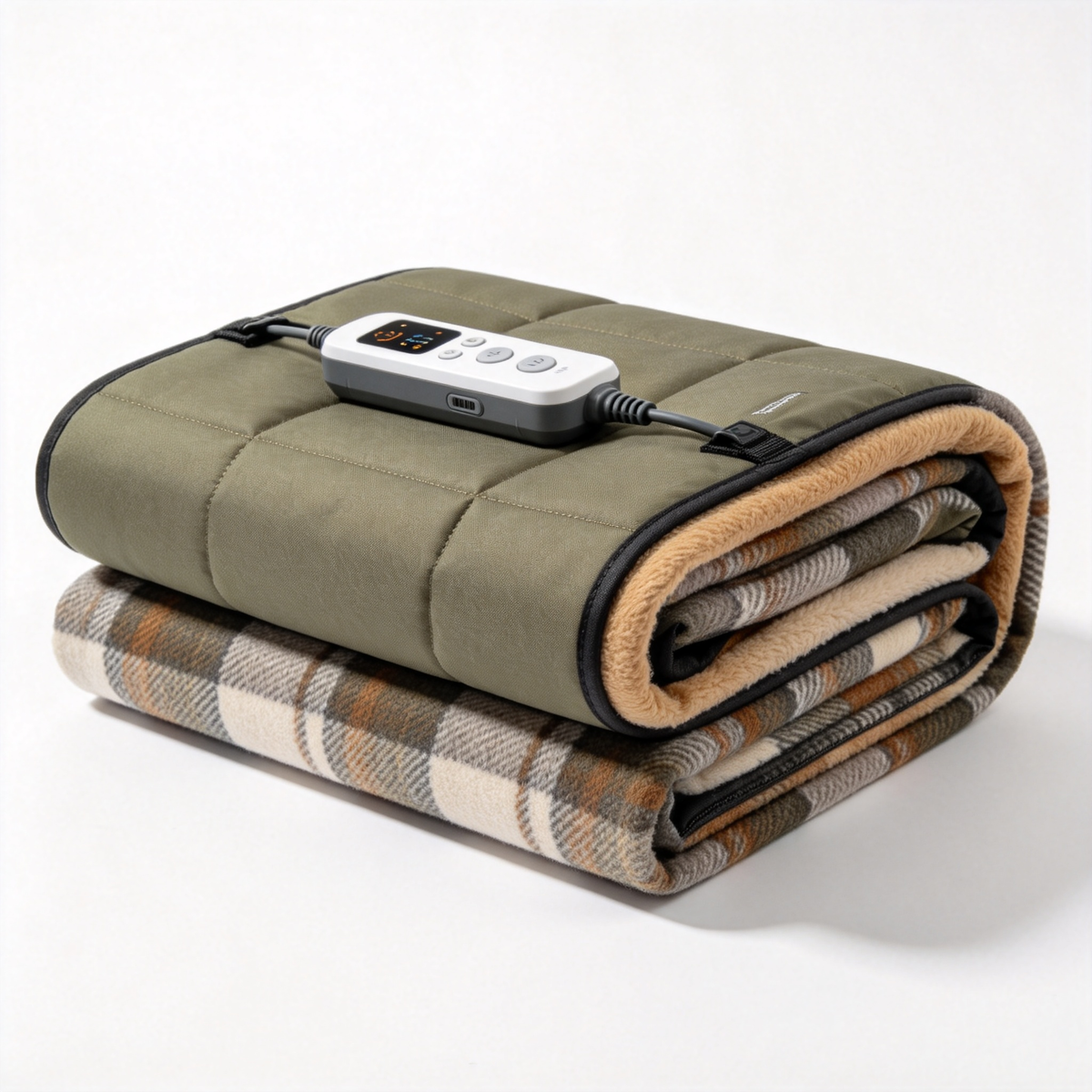 Folded olive quilted electric heated throw with patterned underside, plush trim and wired controller