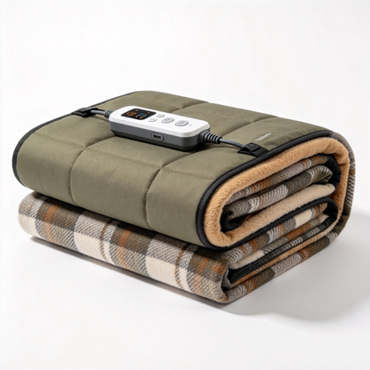 Folded olive quilted electric heated throw with patterned underside, plush trim and wired controller