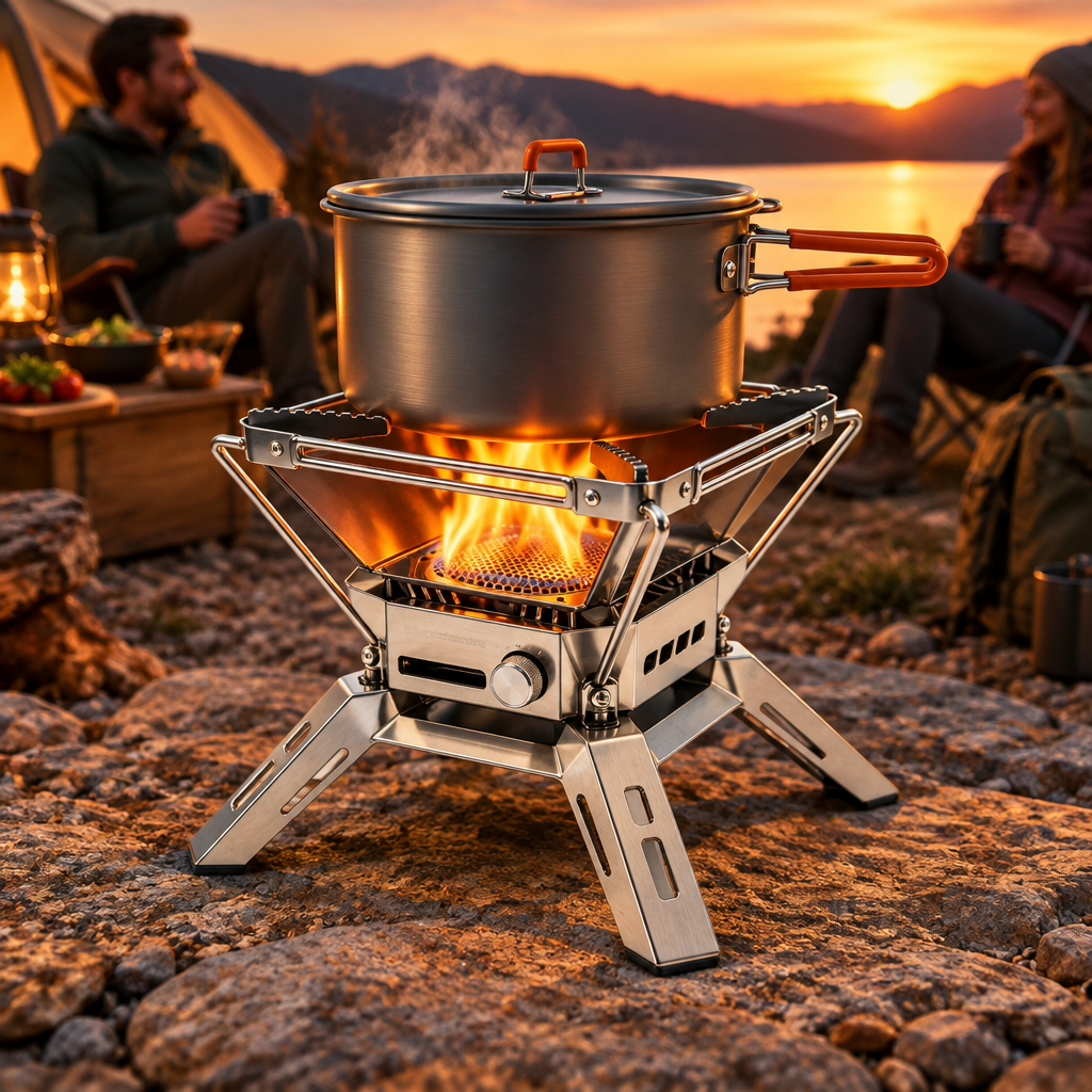 Outdoor stove at a campsite dinner