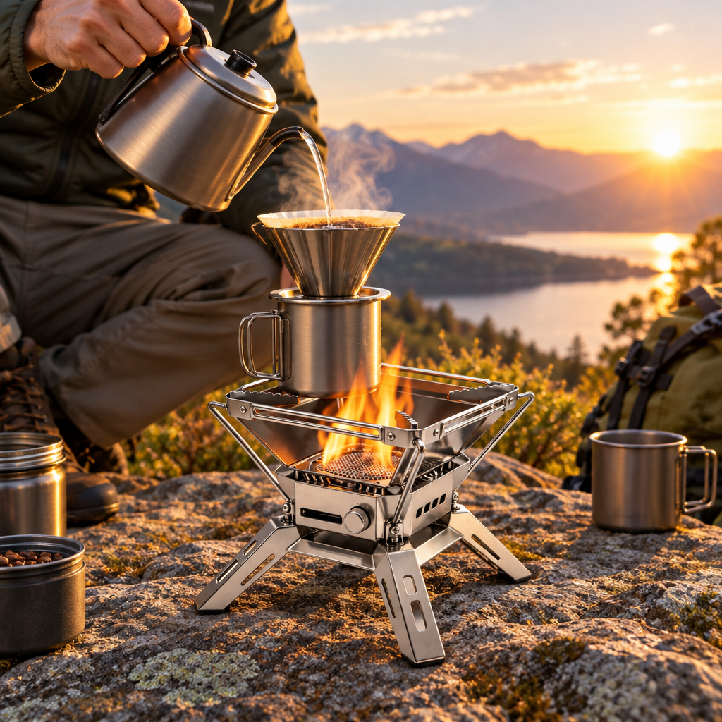 Outdoor stove in a sunrise campsite coffee scene