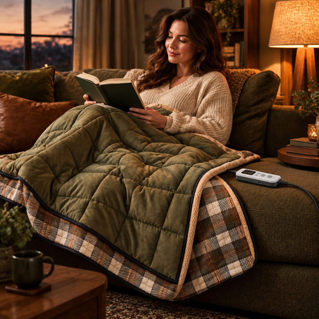 Heated throw in a warm living room reading scene