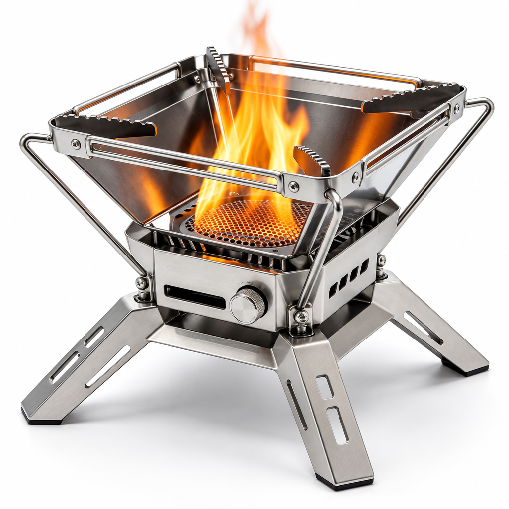 Close-up of stove folding legs and front round knob