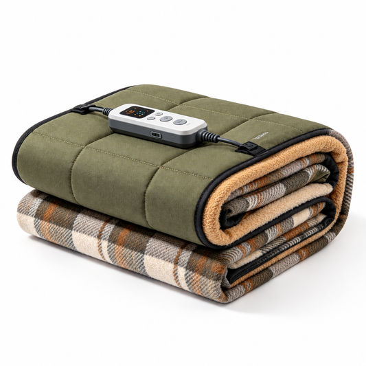 Olive quilted heated throw on clean white backdrop