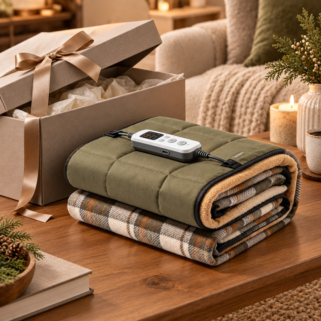 Heated throw beside an unbranded gift box as a styling concept