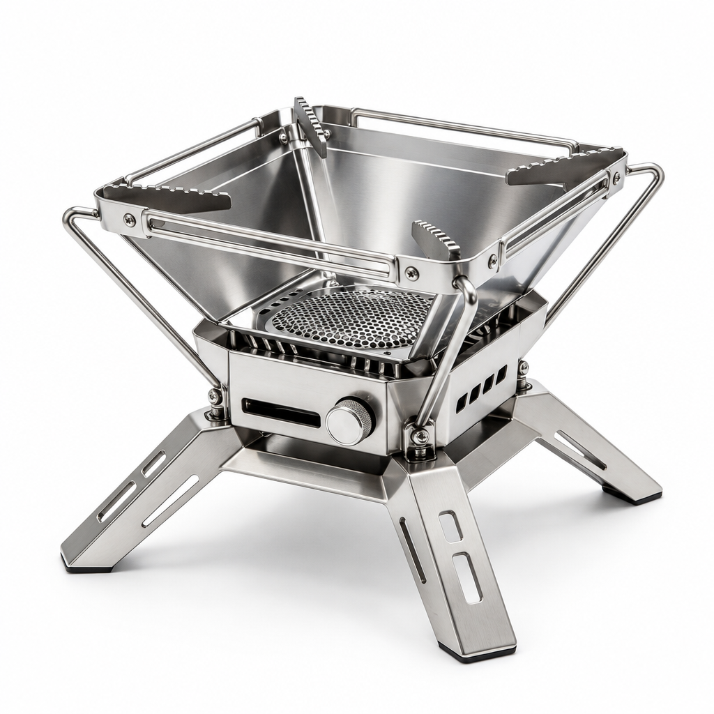 Silver folding outdoor stove on white background
