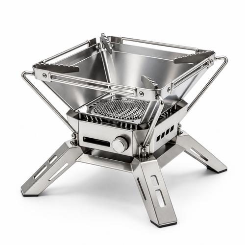 Silver folding outdoor stove on white background
