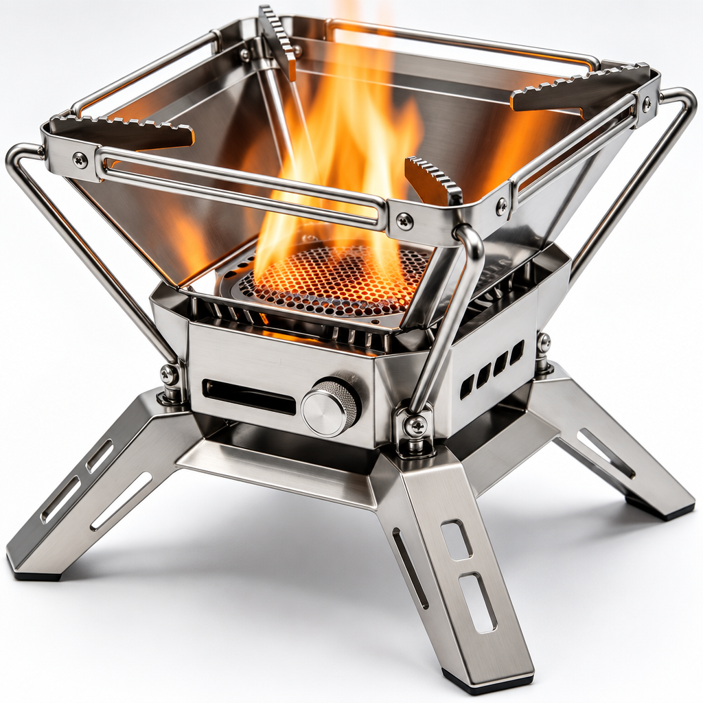 Close-up of stove mesh burner and square wind panels