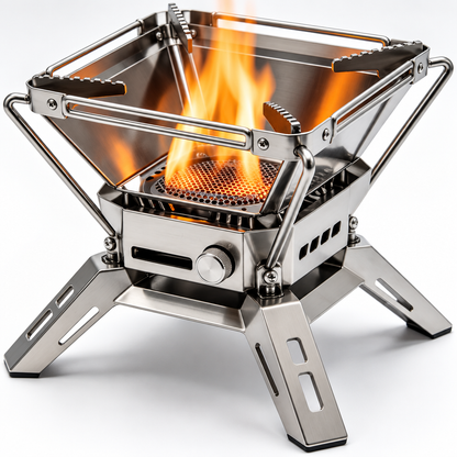 Close-up of stove mesh burner and square wind panels