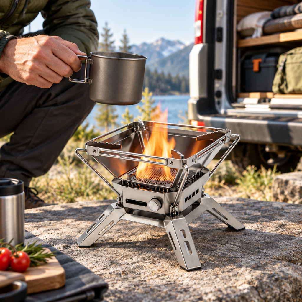Outdoor folding stove at a van campsite