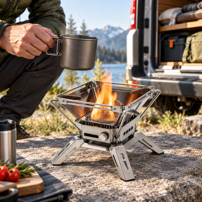 Outdoor folding stove at a van campsite