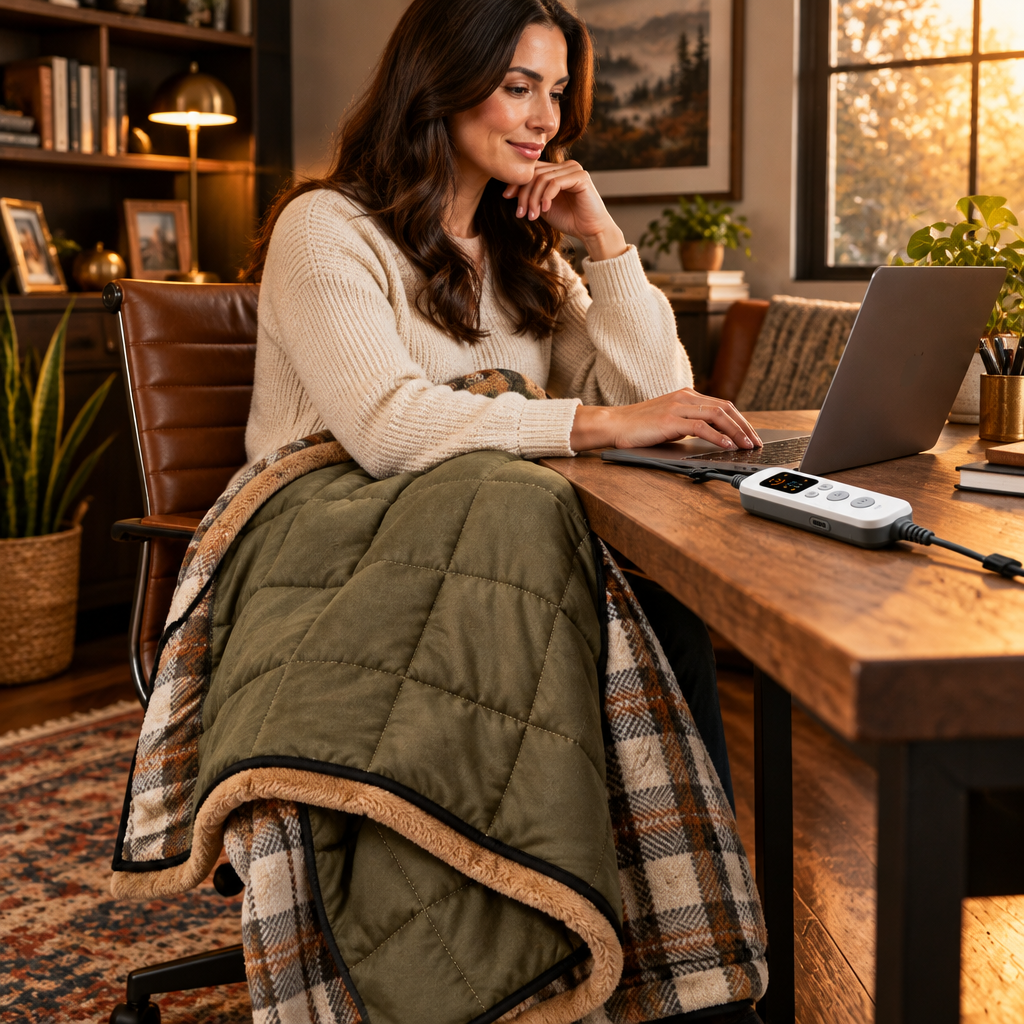 Heated throw used over legs at a home desk