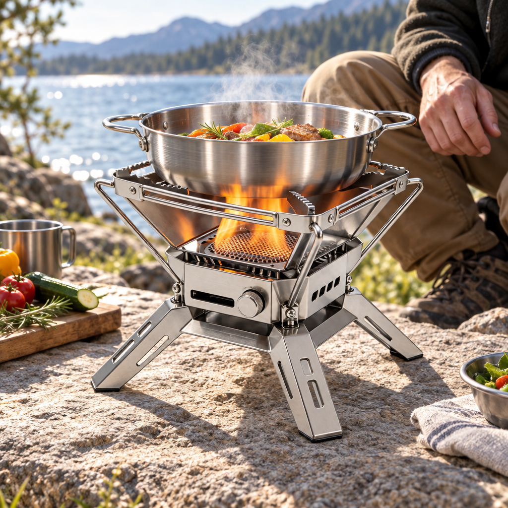 Outdoor stove on a fire-safe lakeside picnic surface