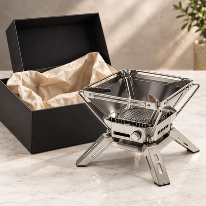 Unlit outdoor stove beside an unbranded gift box, styling concept only
