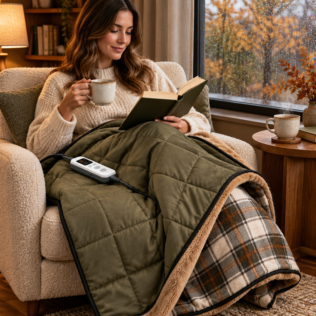 Heated throw in a cozy reading nook