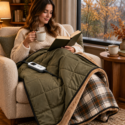 Heated throw in a cozy reading nook